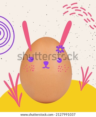 Painted funny cute egg in cartoon style like easter rabbit. Happy Easter traditions, mood. Concept of holidays, spring, celebrating, family time, kids, sales. Copy space for ad, text. Design for card