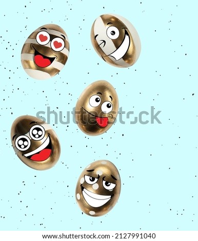Flying golden painted funny cute eggs in cartoon style on blue background. Happy Easter traditions, mood. Concept of holidays, spring, celebrating, family time, kids, sales. Copy space for ad, text