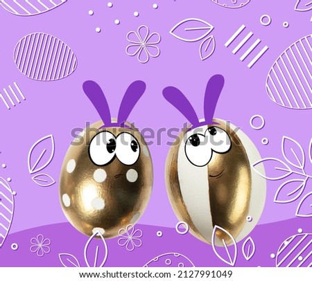 Friends. Golden painted funny cute eggs in cartoon style on very peri background. Happy Easter traditions, mood. Concept of holidays, spring, celebrating, family time, kids, sales. Copy space for ad