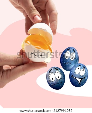 Diversity. Human hands holding painted funny cute eggs in cartoon style. Happy Easter traditions, mood. Concept of holidays, spring, celebrating, family time, kids, sales. Copy space for ad, text