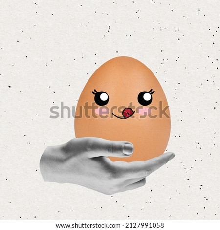 Smiling. Human hands holding painted funny cute egg in cartoon style. Happy Easter traditions, mood. Concept of holidays, spring, celebrating, family time, kids, sales. Copy space for ad