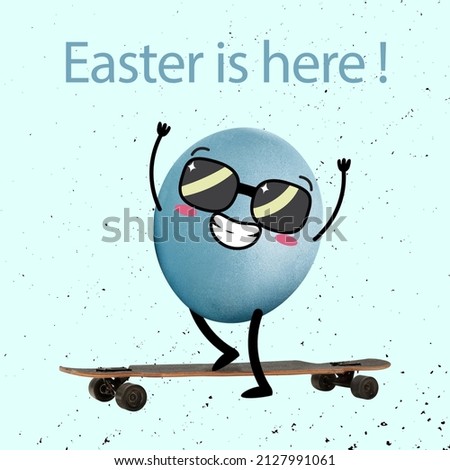 Stylish man. Painted funny cute egg in cartoon style skateboarding. Happy Easter traditions, mood. Concept of holidays, spring, celebrating, family time, kids, sales. Copy space for ad, text. Design