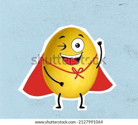 Superhero. Painted funny cute egg in cartoon style smiling. Happy Easter traditions, mood. Concept of holidays, spring, celebrating, family time, kids, sales. Copy space for ad, text. Design for card
