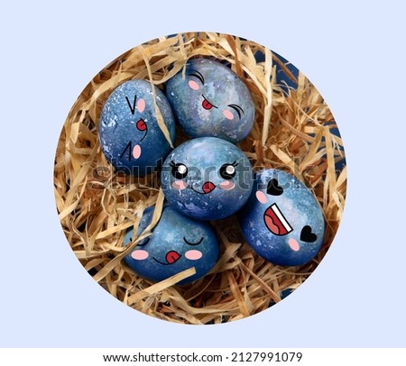 Greeting card design. Blue painted funny cute eggs in cartoon style. Happy Easter traditions, mood. Concept of holidays, spring, celebrating, family time, kids, sales. Copy space for ad, text