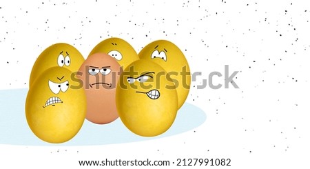 Yellow painted funny cute eggs in cartoon style isolated on white. Happy Easter traditions, mood. Concept of holidays, spring, family time, kids, sales. Facial expressions. Copy space for ad