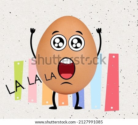 Music singer. Painted funny cute egg in cartoon style shouting. Happy Easter traditions, mood. Concept of holidays, spring, celebrating, family time, kids, sales, ad. Design for greeting card