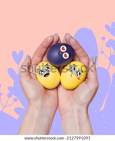 Blue and yellow. Human hands holding painted funny cute eggs in cartoon style. Happy Easter traditions, mood. Concept of holidays, spring, celebrating, family time, kids, sales. Copy space for ad