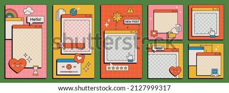 Cute nostalgic 90s retro vaporwave post and story template. Social media stories and posts with old computer aesthetic ui elements vector set. Illustration of retro groovy abstract interface
