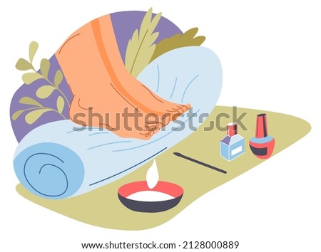 Spa salon treatment and care for feet skin and nails. Pedicure and massage, polish and towel for pampering and moisturizing, aromatic candle burning and flora with herbs scent. Vector in flat Royalty-Free Stock Photo #2128000889