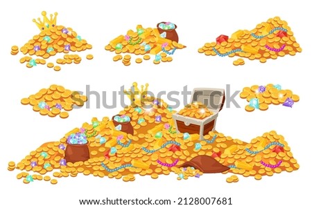 Cartoon treasure piles coins, jewels, gems and gold bars. Pirate treasures, pile of gold, precious stones, wooden chest, crown vector set. Illustration of golden pile, gold medieval pirate abundance Royalty-Free Stock Photo #2128007681