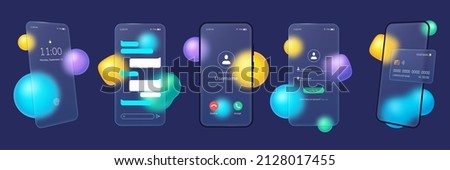 Glassmorphism smartphone, transparent glass plates with mobile app ui. Frosted glass phone screen with blurred abstract shapes vector set. Illustration of glassmorphism smartphone Royalty-Free Stock Photo #2128017455