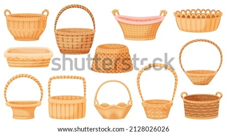 Cartoon wicker baskets, picnic basket, empty gift hamper. Handmade rattan or bamboo woven storage container, rural interior decor vector set. Illustration of empty picnic basket isolated Royalty-Free Stock Photo #2128026026