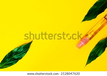 women's perfumes and cosmetics with plant leaves on a colored background 