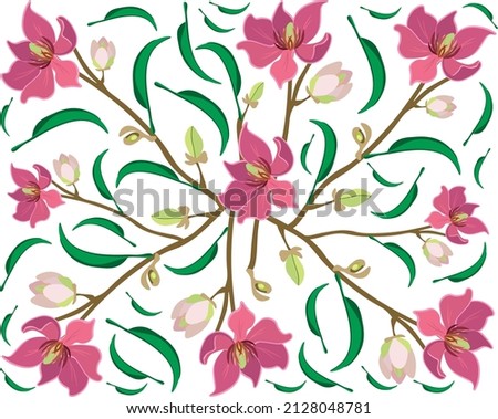 Beautiful Flower, Illustration Background of Wine Magnolia Flower or Magnolia Figo Flowers with Green Leaves on A Branch.

