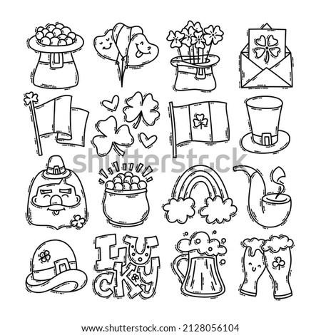 Saint Patrick's Day doodle style hand-drawn icon set with simple engraving effect, editable stroke width. Cute Irish holiday symbols and elements collection.