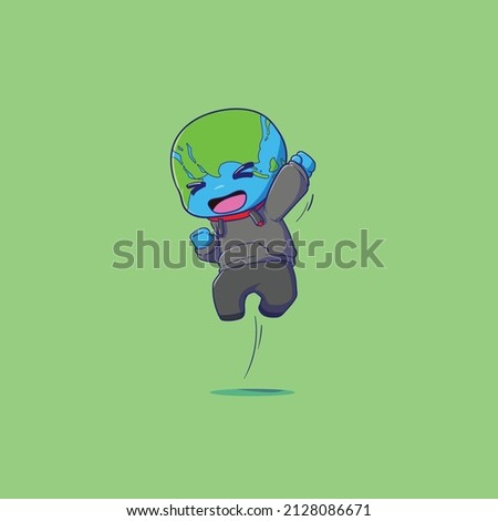 Cute hand drawn illustrated earth day jumping feeling happy vector icon illustration