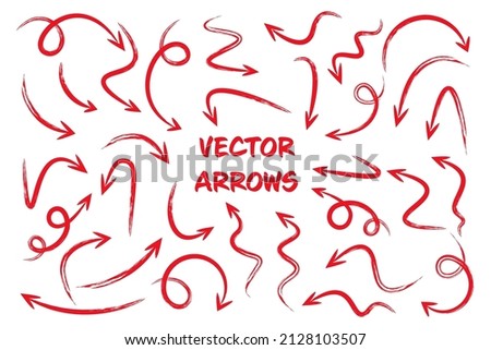 Red grunge hand drawn arrows isolated on white background. Doodle arrow, zigzag and round pointers. Handmade sketches of direction symbols. Vector illustration.