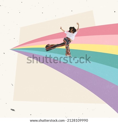 Colorful design. Contemporary art collage. Cheerful, joyful young woman in stylish cloth dancing on rainbow. LGBTQIA right support. Concept of love, social issues, creativity. Copy space for ad