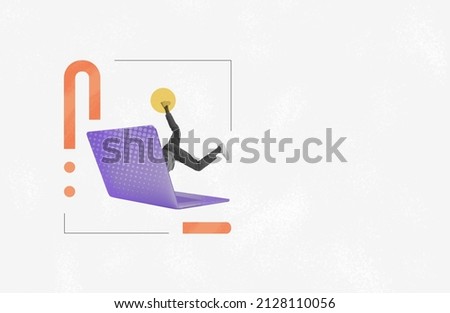Contemporary art collage. Businessman, manager's legs sticking out laptop screen isolated over white background. Online negotations. Concept of business, artwork, creativity, success, ad
