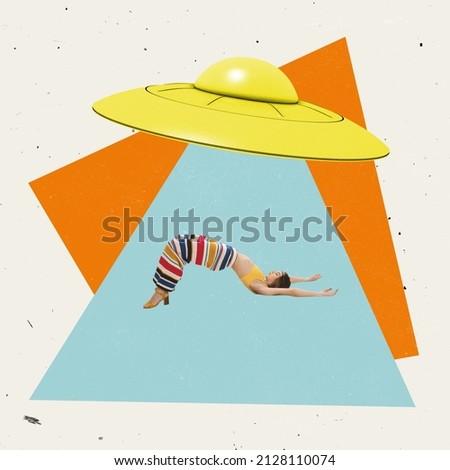 Creative design. Young stylish woman lying under UFO isolated over colorful background with geometric figures. Concept of surrealism, creativity, artwork. Contemporary collage. Copy space for ad