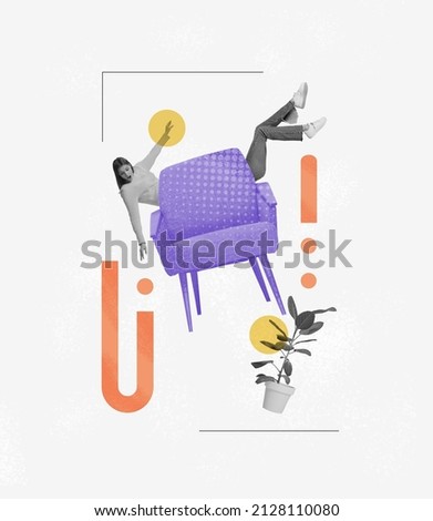 Contemporary art collage. Business woman, employee sticking out chair, furniture isolated over white background. Copyspace for adv, artwork, inspiration, hobby, business concept. Humor, weird collage.