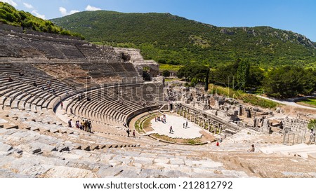 view of Amphitheater and marble road in Ephesus (Efes), Turkey Royalty-Free Stock Photo #212812792