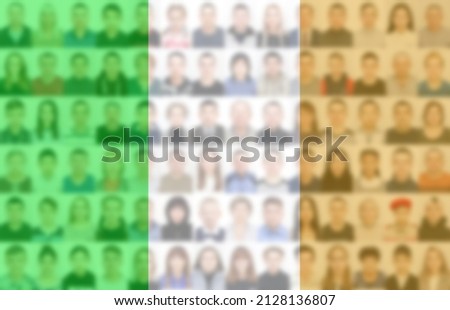 Portraits of many people on the background of the flag of Ireland. The concept of the population and demographic state of the country.