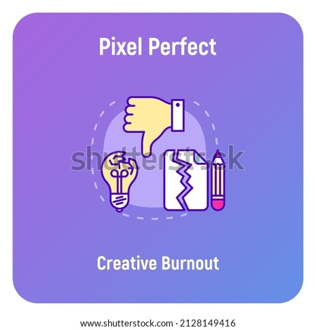 Creative burnout concept with thin line icons, thumbs down, broken lightbulb, torn paper list. Professional crisis, low activity. Vector illustration.