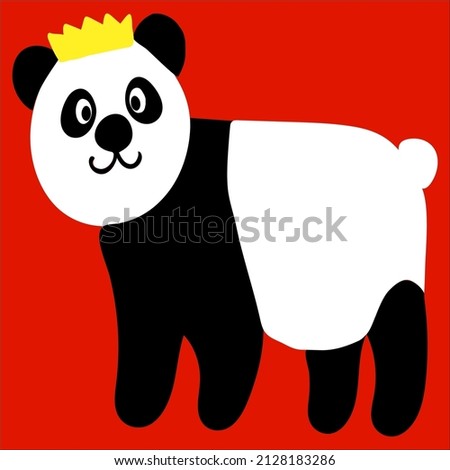 Stylized hand drawn Giant panda full body.Simple illustration with panda bear in crown for kids print or sticker.Image with chinese symbol for poster and logo design isolated on red background.