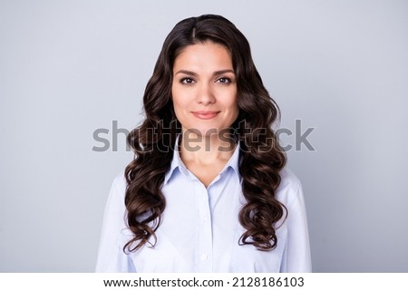 Photo of ceo nice brunette young lady wear blue shirt isolated on grey color background