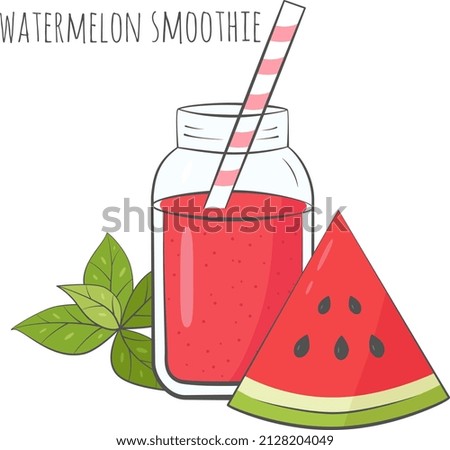 Watermelon smoothie with basil in jar. Vector illustration.