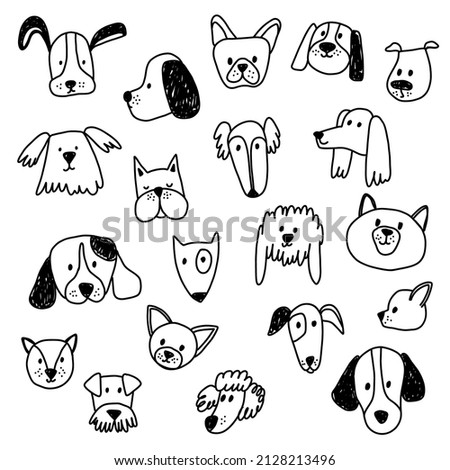 Set of dogs heads in cartoon style. Black linear sketch style for kids apparel and other funny design. Cute caracters puppy