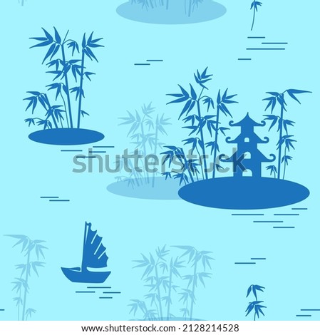 Night seascape with Chinese ship fishing boats and island with trees in fog on vintage background. Seamless pattern for design 
