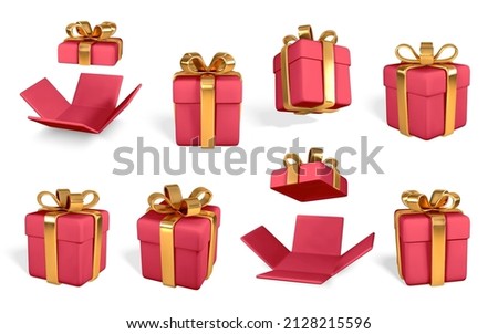 3D realistic red gift boxes with golden bow. Paper boxes with ribbon and shadow isolated on white background. Vector illustration. Royalty-Free Stock Photo #2128215596