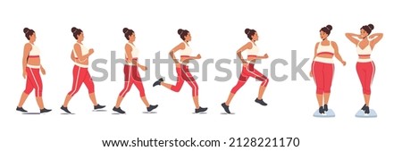 Weight Loss Concept. Fat Female Character Walking, Running and Become Slim. Transformation Stage by Stage of Obese Woman Turning into Healthy Body, Sport Training. Cartoon People Vector Illustration Royalty-Free Stock Photo #2128221170