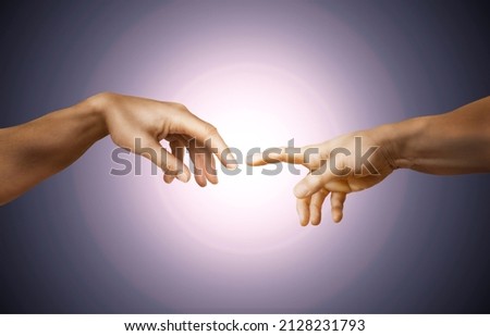 Michelangelo's masterpiece: the creation of Adam, as a photographic imitation. Royalty-Free Stock Photo #2128231793