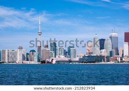 Toronto skyline under a clear sky.