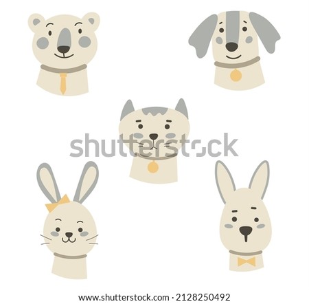 Set of vector illustrations in flat style with cute animal characters isolated on white background. Cartoon faces, stickers, avatars. Collection of icons for baby clothes, cards, invitation templates.