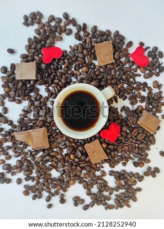 top view, coffee, chocolate and heart, flat layout