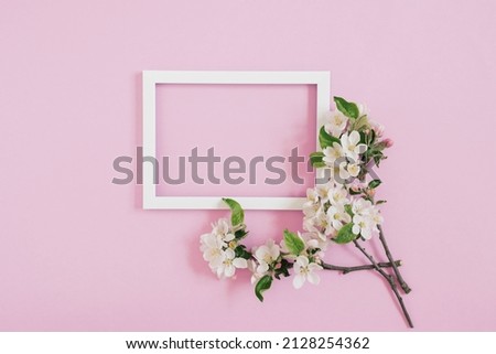 Banner with flower and empty white photo frame on pink background with copy space, space for free text. Framing workshop. Bright holiday certificate. Spring memories. Flat lay