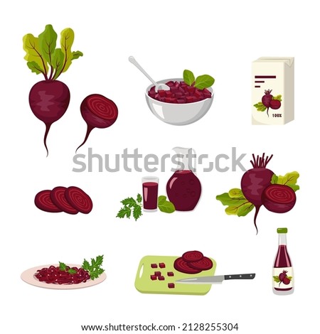 Beetroot and beet products icons set. Whole vegetable and halves with leaves, juice in bottle, jug and glass, grated food on plate and pieces in bowl. Sweet food for diet. Vector flat illustration Royalty-Free Stock Photo #2128255304