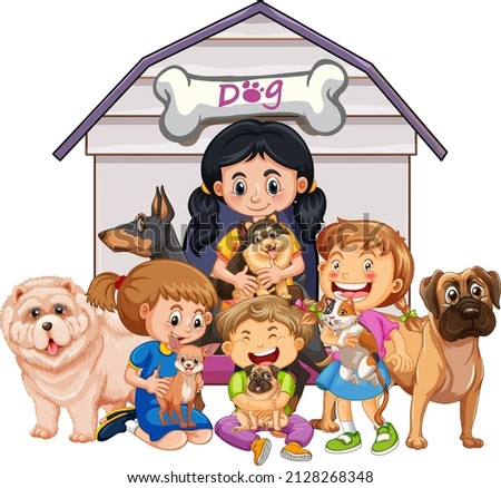 Children with many dogs in cartoon style illustration