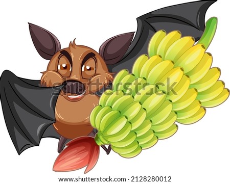 Brown bat with a cluster of bananas on white background  illustration
