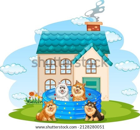 Four dogs playing in the pool in front of the house illustration
