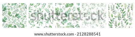 Seamless pattern of different green leaves, foliage natural branches, wild herbs, sagebrush, eucalyptus. Floral wallpaper. Vector illustration. Royalty-Free Stock Photo #2128288541