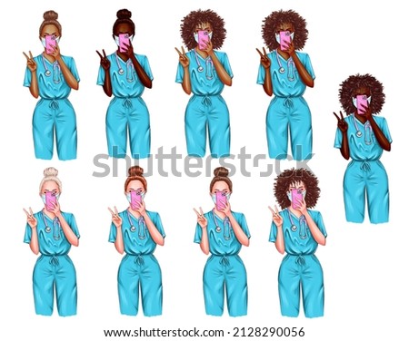 Nurse selfie illustration set. Doctor clip art set on white background. Portraits of black and white female medic workers in uniform with stethoscopes and masks. From health care workers with love.  