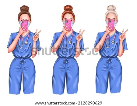 Nurse selfie illustration set. Doctor clip art set on white background. Portraits of female medic workers in uniform with stethoscopes and masks. From health care workers with love.  