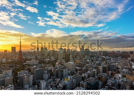 Bird's-eye view of a sunset cityscape depicting the Tokyo tower and Roppongi Hills skyscrapers above the buildings of Shibadaimon district at golden hour.