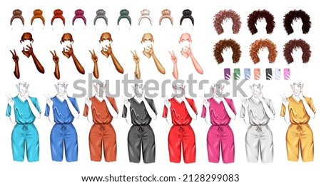 Girl creator. Nurse selfie illustration. Doctor clip art set on white background. Portraits of black and white female medic workers in uniform with stethoscopes and masks.  