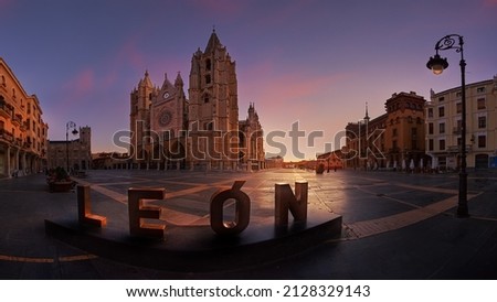 A view of Catedral de Leon and Palacio Episcopal at sunset in Leon, Spain Royalty-Free Stock Photo #2128329143